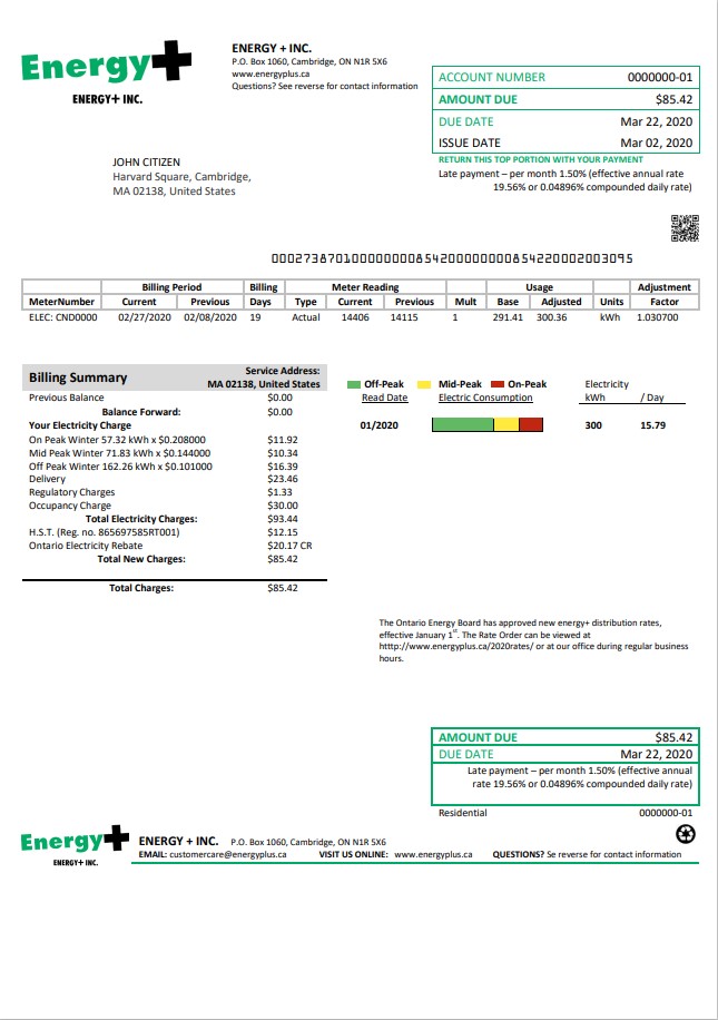 USA Massachusetts Energy Plus electricity utility bill template in Word and PDF format